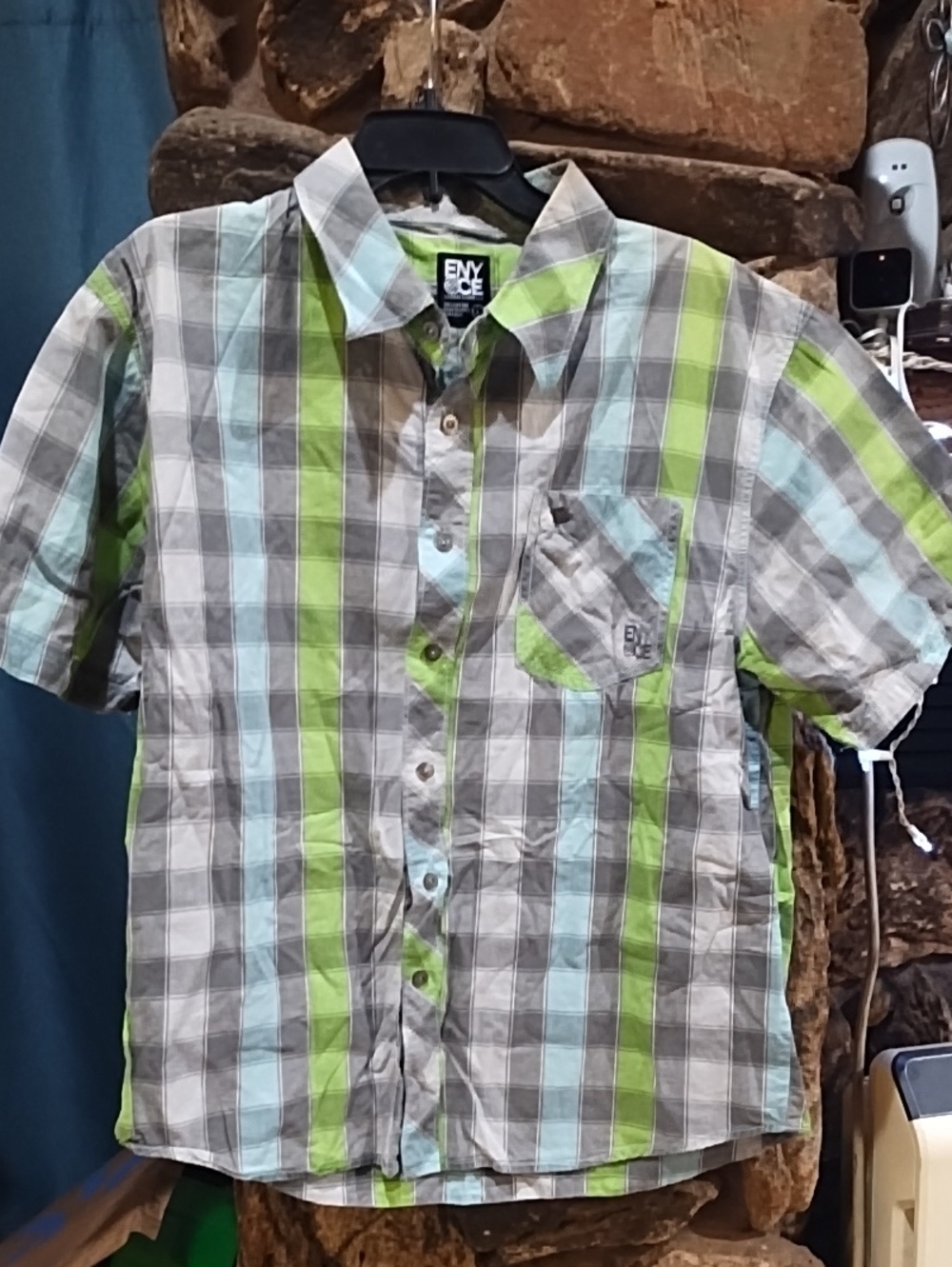 Enyce Men's Short-Sleeve Plaid Button-Down in Green, Light Blue and Gray